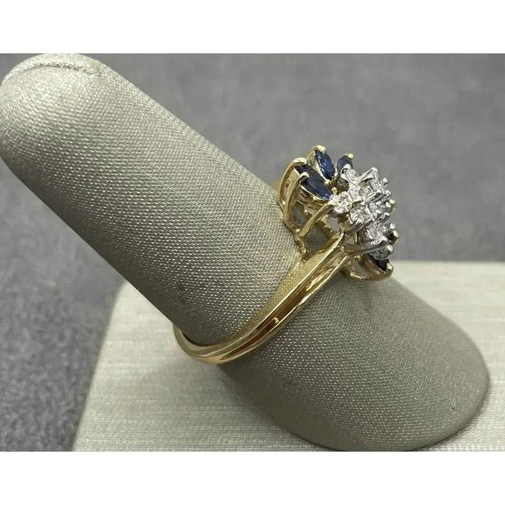 14K Yellow Gold Diamond & Blue Stone Cluster Wave Ring (21886)
